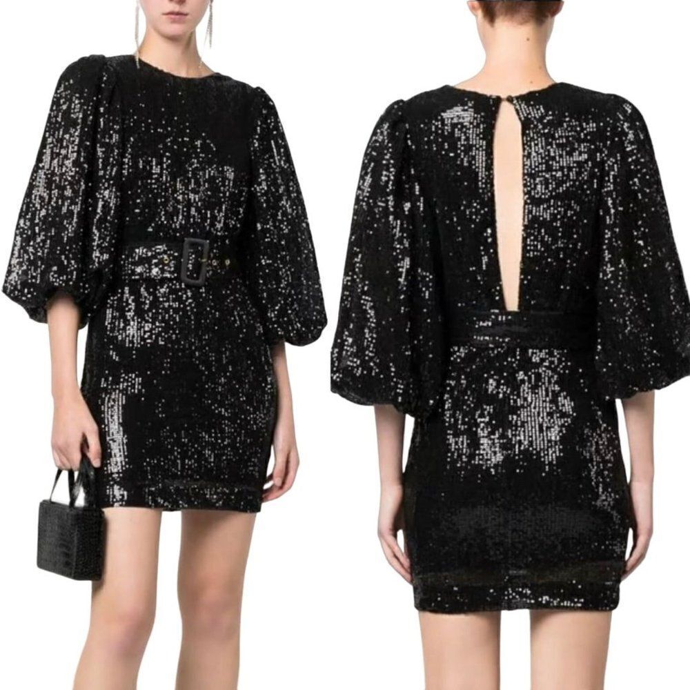 byTiMo Sequined Cocktail Puff Sleeve‎ Mini Dress L Black Open Back Statement